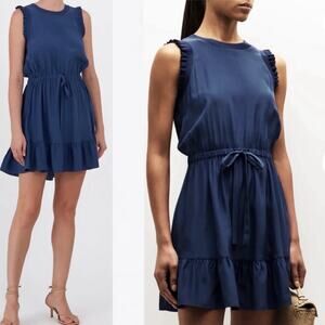 Cinq A Sept Lenora 100% Silk Ruffle Tiered A-Line Mini Navy Blue Dress XS